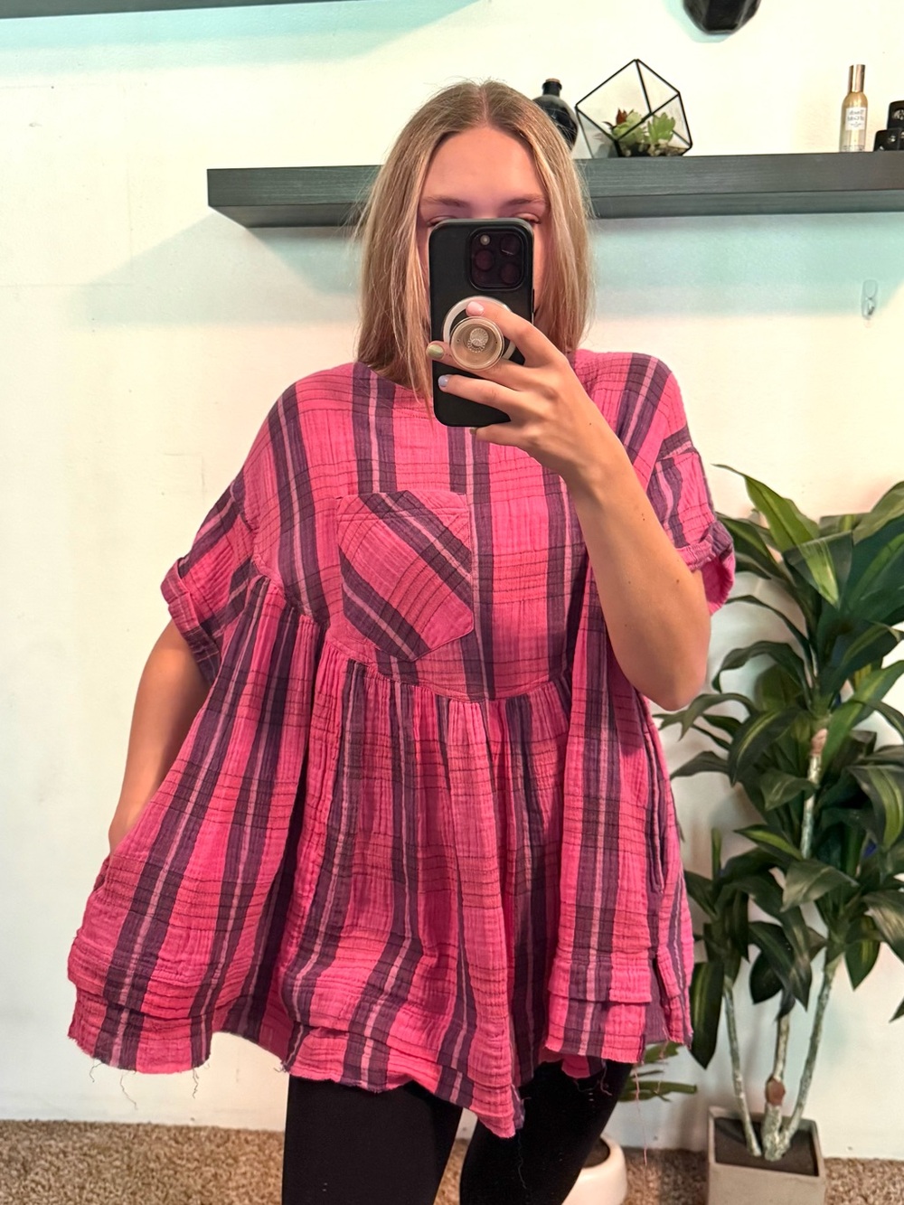 Free People 100% cotton Moon City Plaid Tunic Top Pink NWOT